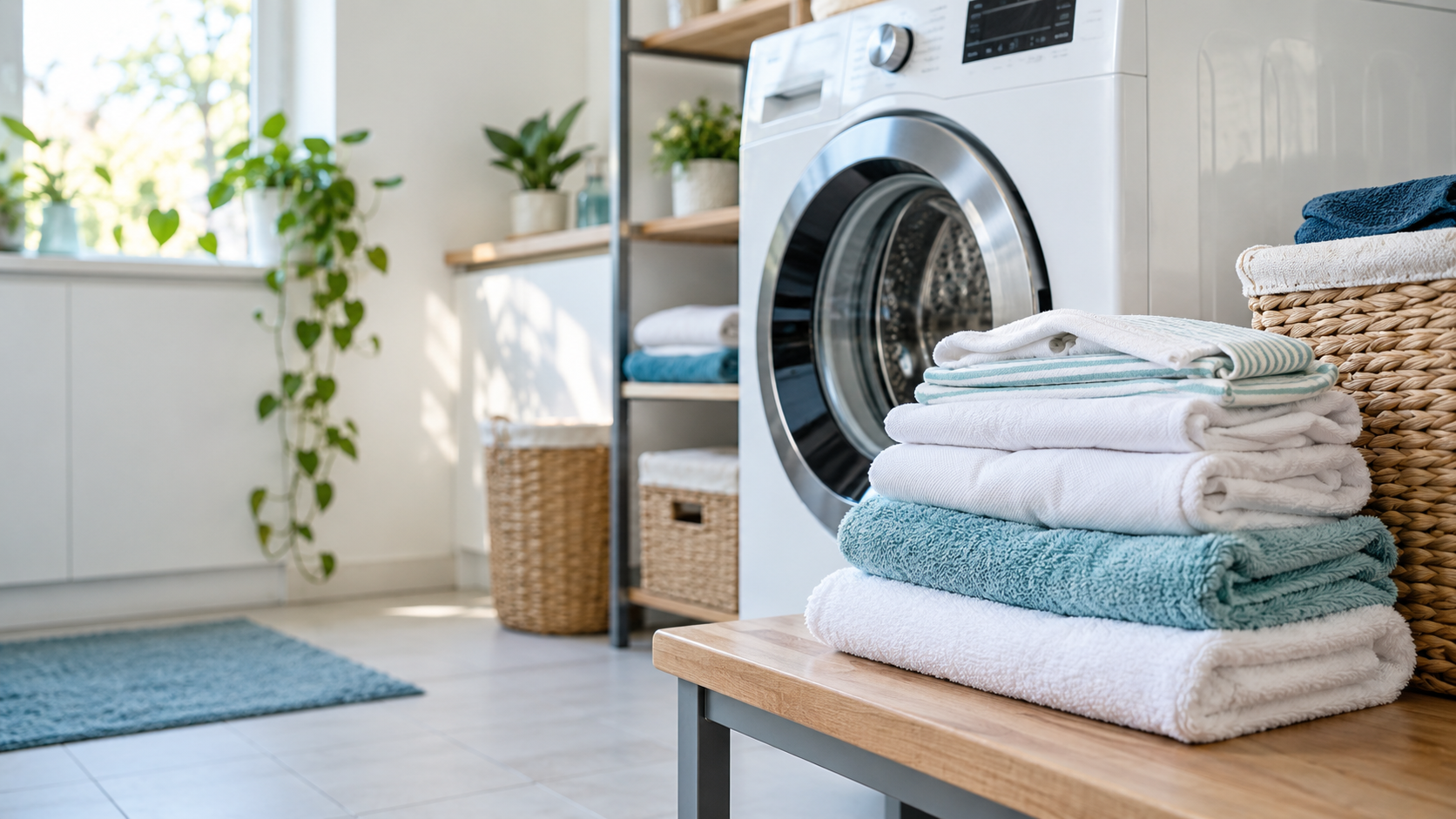 Neatly folded laundry beside a washing machine
